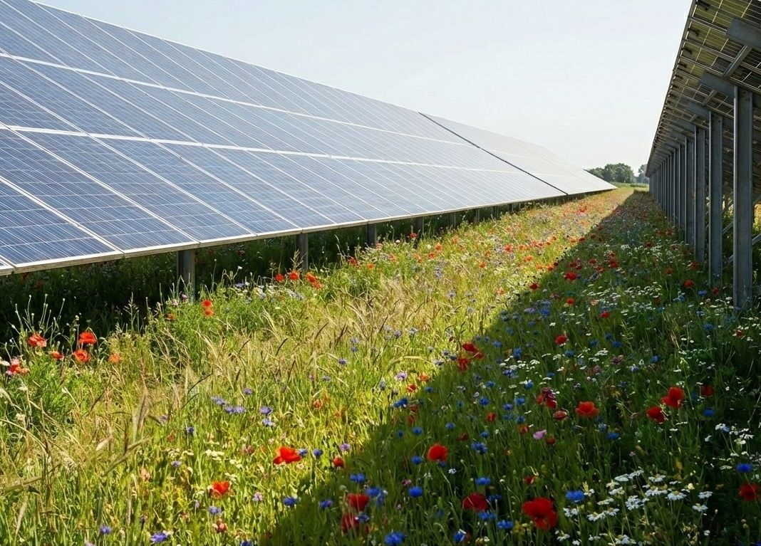 Beispielhaftes Bild eines<br />
Solarparks mit Biodiversität in Form von Blühflächen unter und zwischen den Modulen